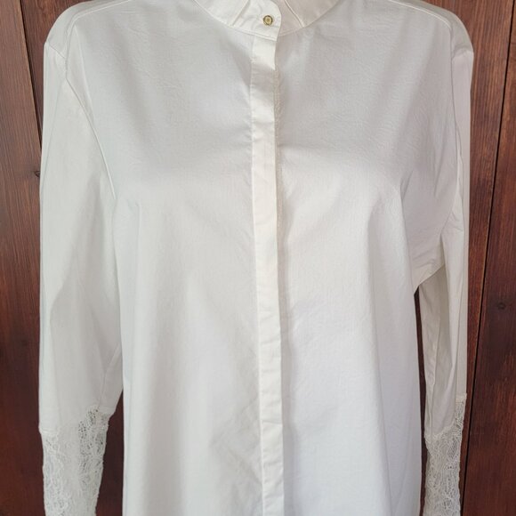 Black Label by Chico’s White Long Shirt Dress Tunic Top Lace Sleeves Size 2 Lg. - Picture 4 of 16